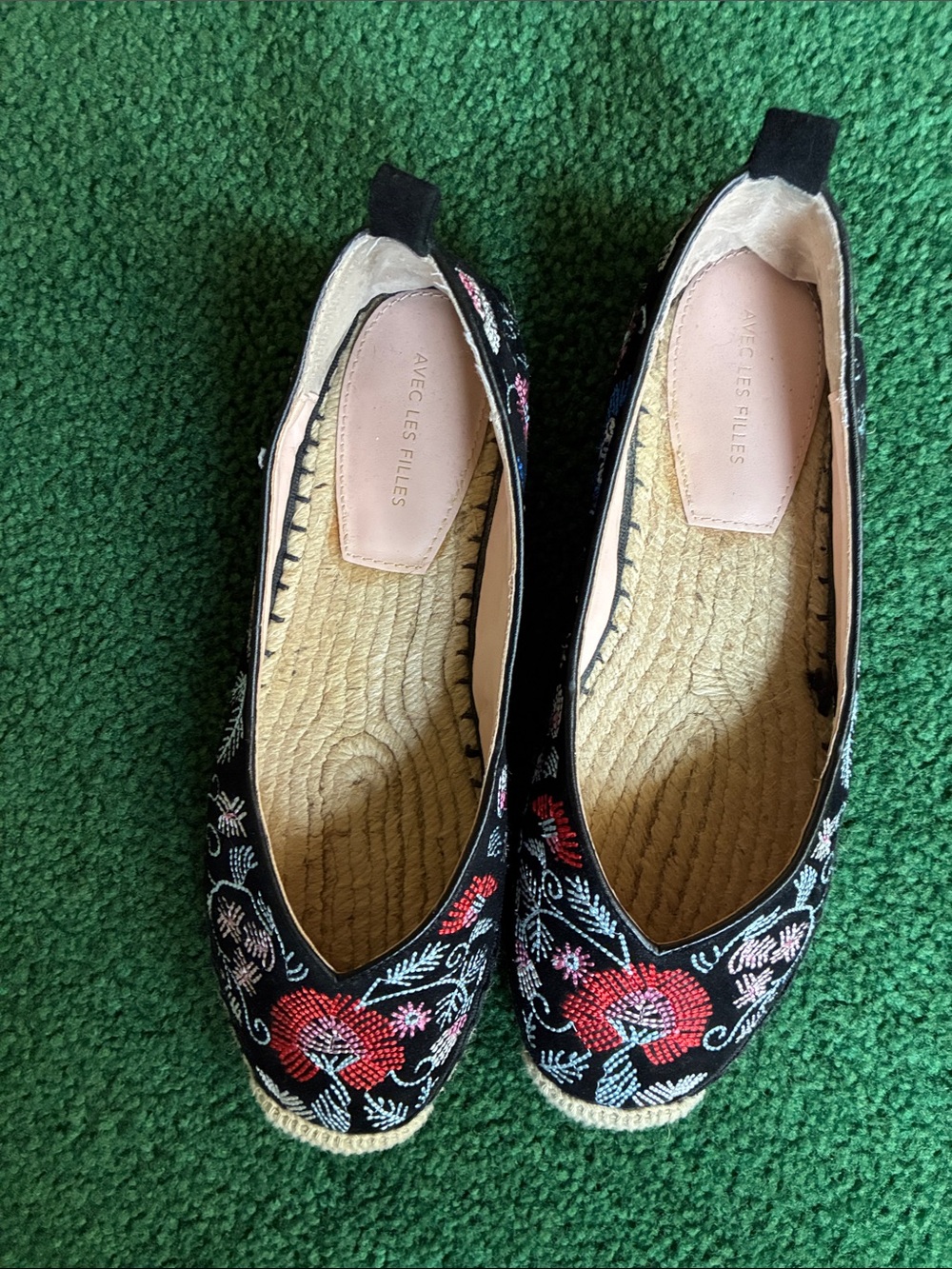 Avec Les Filles Black Espadrille Flats with Red and Cream Embroidered Flowers